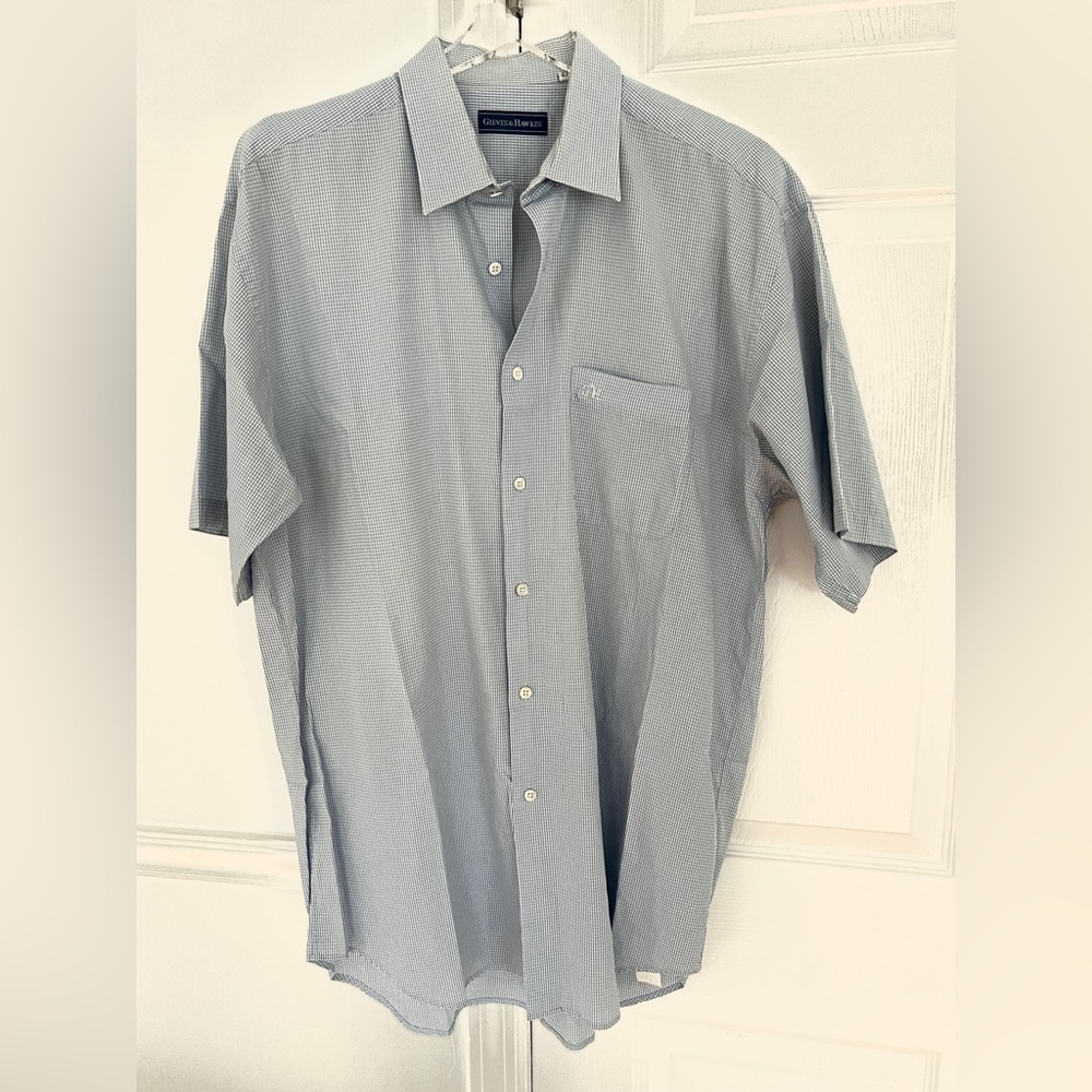 GIEVES & HAWKES Short Sleeve Light blue Shirt gingham embroidery Logo size 43/17 - Picture 9 of 12